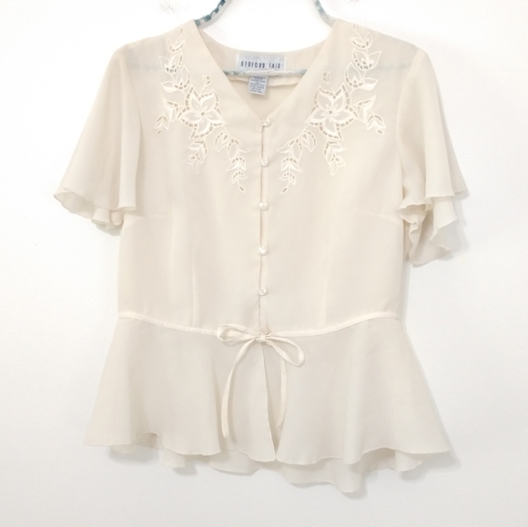 Vintage Tops - VINTAGE Bedford Fair Flutter Sleeve Eyelet Blouse